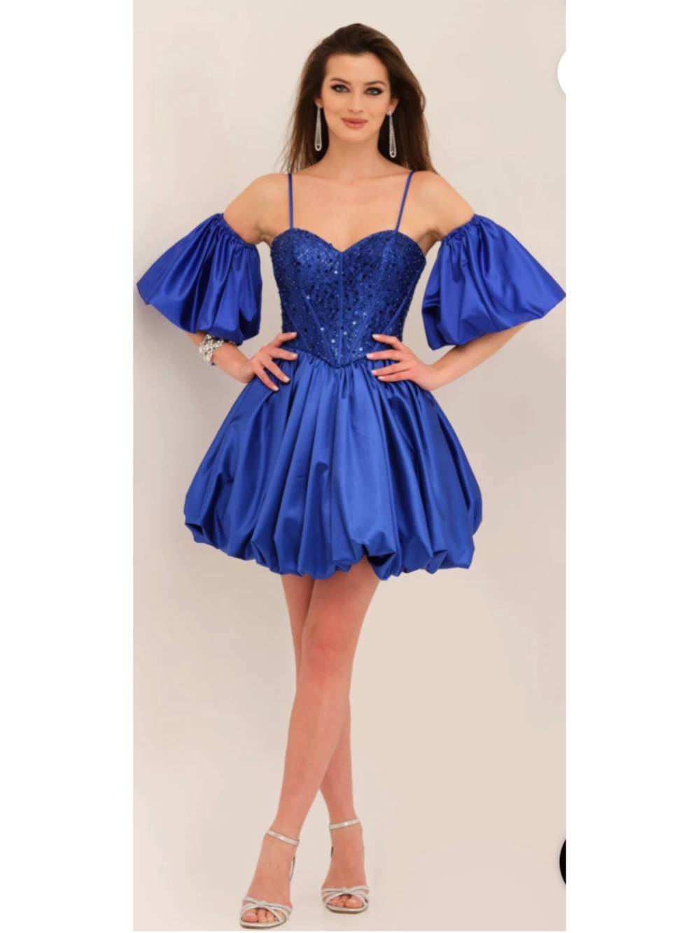 DAVE AND JOHNNY 11226 Blue Satin Detachable Puff Sleeves Homecoming Dress Sz 00